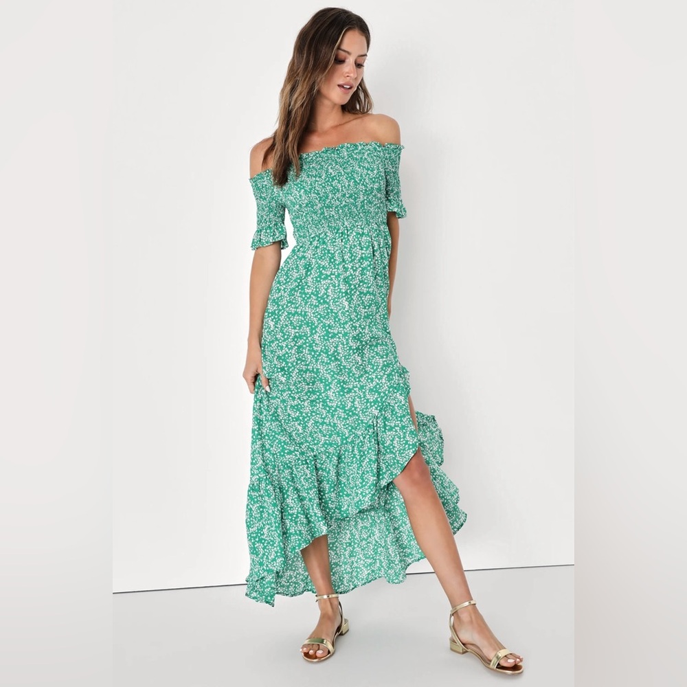 Lulus green floral off the shoulder dress (size S)